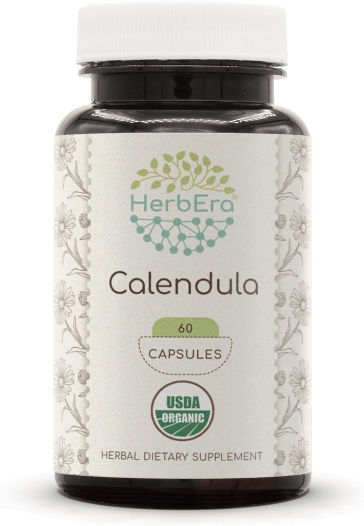 HerbEra Calendula USDA Organic 60 Capsules | Natural Herbal Supplement | Certified Organic Vegetarian Capsules and Organic Calendula (Calendula officinalis) Dried Flower (60 Capsules)