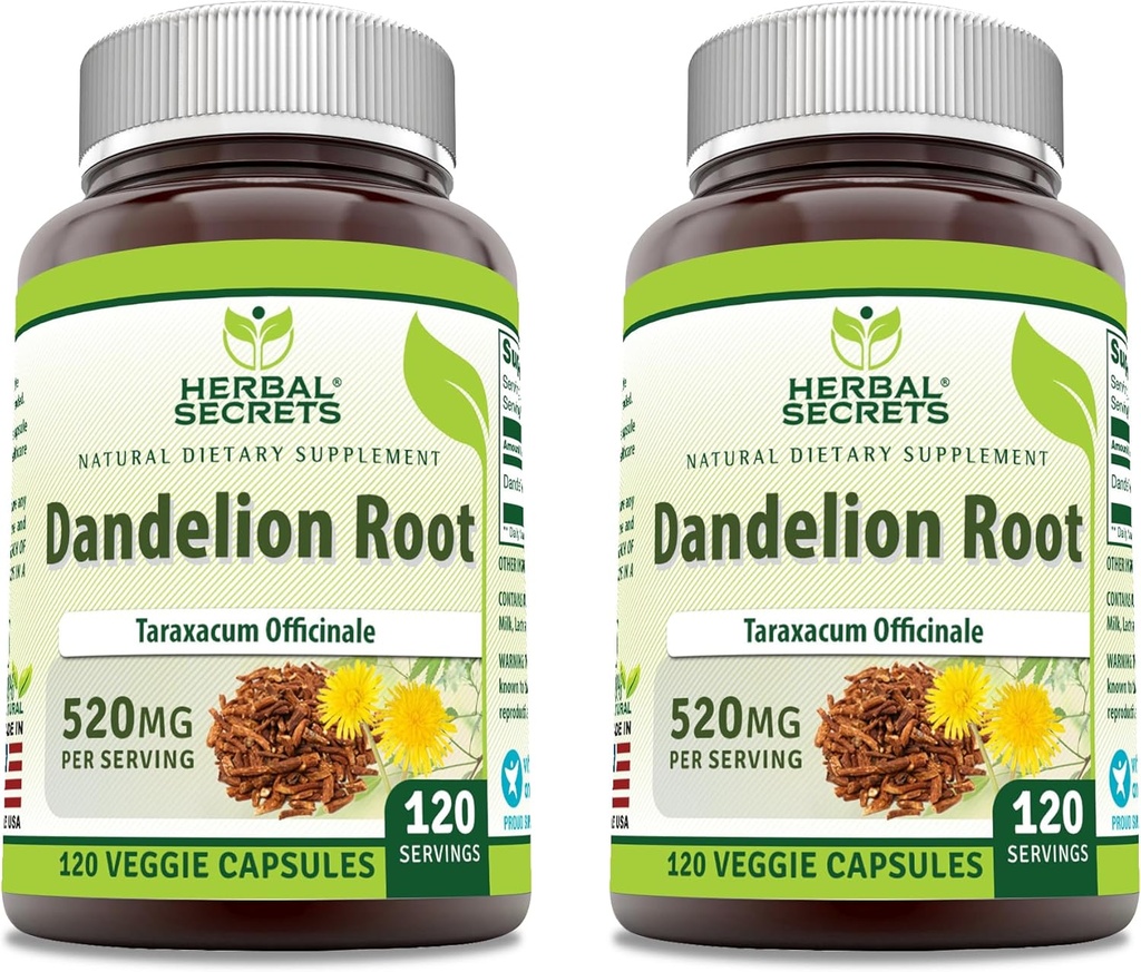 Herbal Secrets Dandelion Root 520 mg Veggie Capsules Supplement | Non-GMO | Gluten Free | Made in USA (120 Count | 2 Pack)