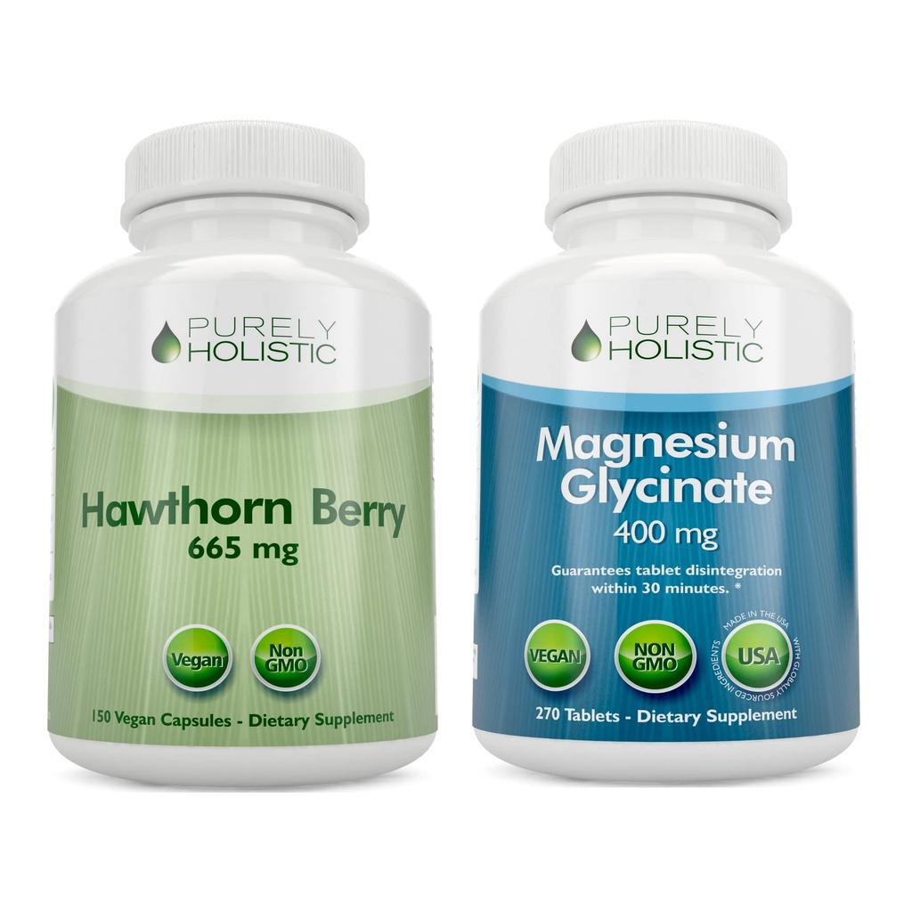 純粋にホリスティック・ホーソン・ベリー665mg + マグネシウムのグリシナート400mg + 150のカプセル及び270のタブレット- ビーガン・バンドル-米国製
