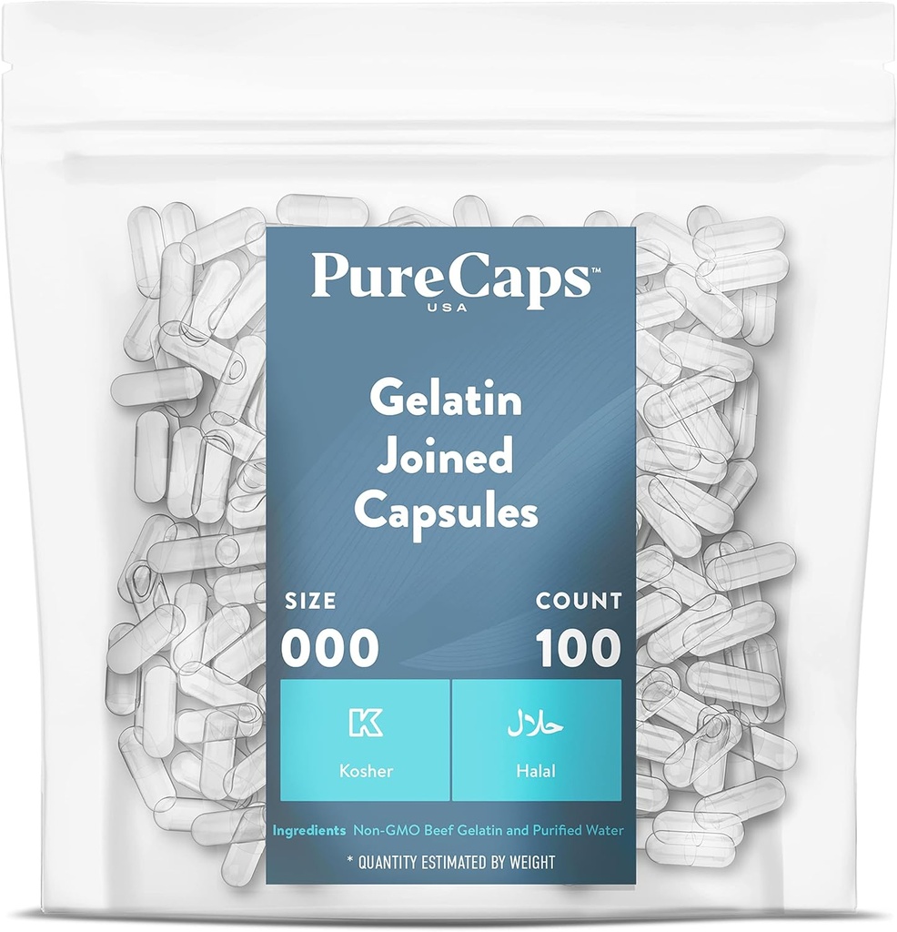 PureCaps USA - Empty Gelatin Pill Capsules Size 000 | 100 Joined Pills| Clear| Non-GMO Certified | SLS, Gluten, Preservative Free
