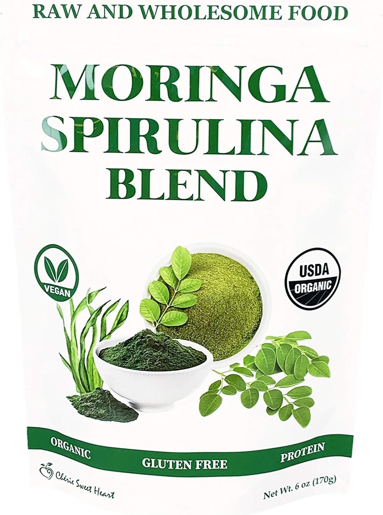 Chérie Sweet Heart Organic Moringa & Sprulina Superfood Blend, 6 oz – USDA Organic, Non-GMO, 完全菜食主義者の, エネルギーのためのグルテンフリーのスーパーグリーンパウダー, デトックス & 毎日のウェルネス