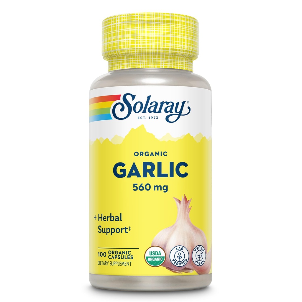 Solaray Organic Garlic Pills - 560 mg ハートヘルスサポートのためのニンニクサプリメント - USDA Organic Garlic Capsules - ビーガン - 60 日返金保証 - 100 人前, 100 VegCaps
