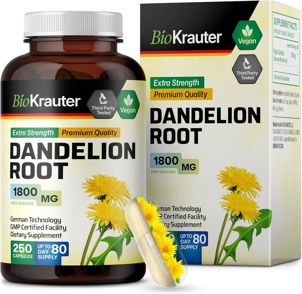 BIO KRAUTER Dandelion Root サプリメント - 1800 mg 強度 - 250 カウント - Dandelion Root カプセル - 肝臓サポートと免疫のためのビーガンカプセル
