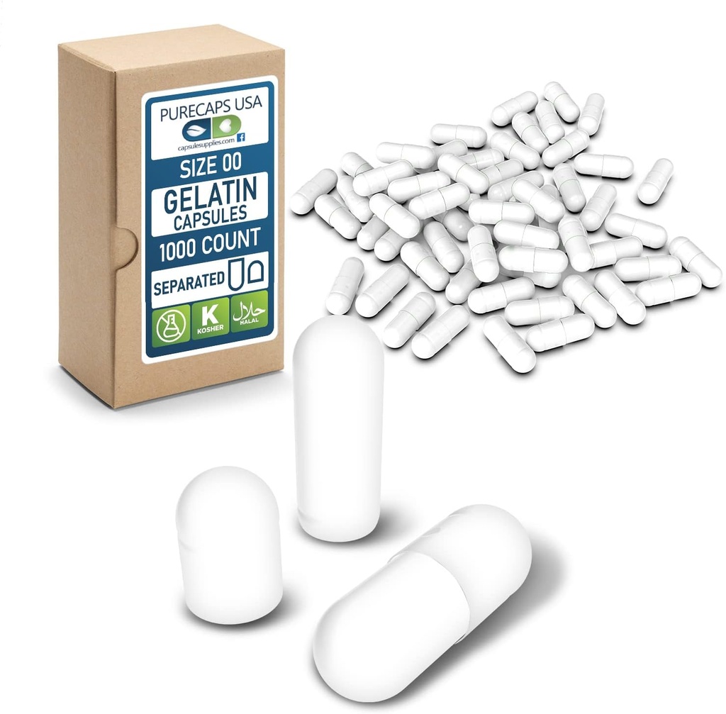 ピュアキャップUSA - 空のゼラチンカプセルサイズ00|1,000個の分別ピル|ホワイト|非GMO認定|SLS、グルテン、保存料無料