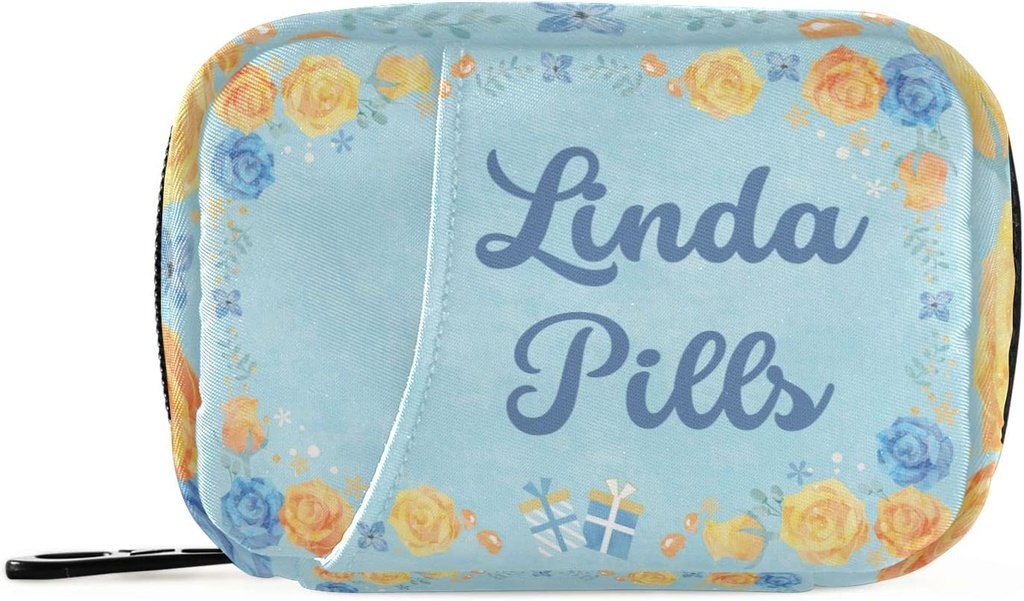 カスタムピルボックス7日ピルケースバッグ青黄色の花パーソナライズ 名前 ビタミンの補足のホールダーのためのジッパーの携帯用ウィークリー ケースの密集したサイズが付いている旅行丸薬のオルガナイザー袋