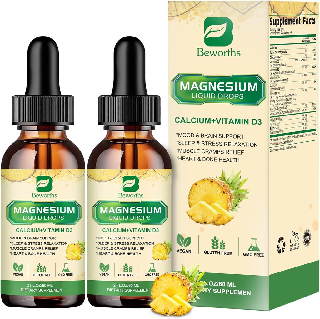 Magnesium Complex Liquid Drops, Magnesium Glycinate Liquid Drops with Magnesium Taurate, Citrate, Calcium, Potassium, Vitamin, Zinc (2 Fl Oz (Pack of 2), Pineapple)