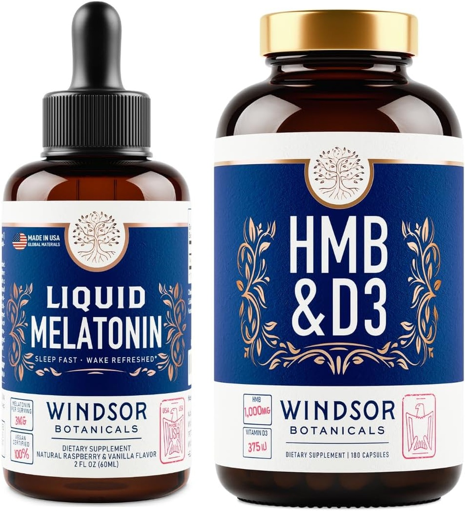 WINDSOR BOTANICALS HMB with ビタミンD3サプリメントと液体メラトニン3mg - ワークアウトと回復バンドル