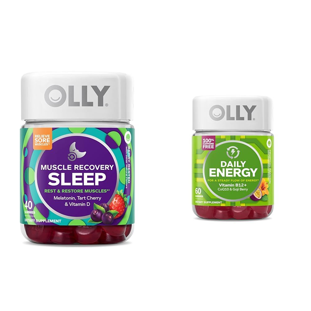 OLLY筋肉回復睡眠のガミー、睡眠および痛みの筋肉サポート、3mgメラトニン、タルトチェリー及び毎日のエネルギー ガミー、カフェインは、ビタミンB12、CoQ10、Gojiのベリー、大人のChewableの補足を解放します