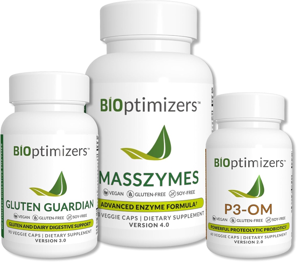 BiOptimizers 完全ガットヘルスバンドル - プロバイオティクスとプレバイオティクスを備えた消化酵素 - ブロッキングリリーフと消化バランス - P3-OM、グルテンガーディアン、マスジメス(270カプセル)