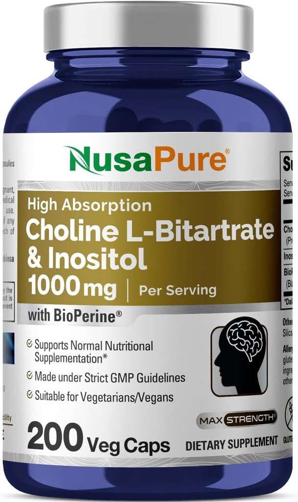 NusaPureコリン&イノシトール1000mg - 200ベジーキャップ(100%ベジタリアン、非GMO)バイオペリン