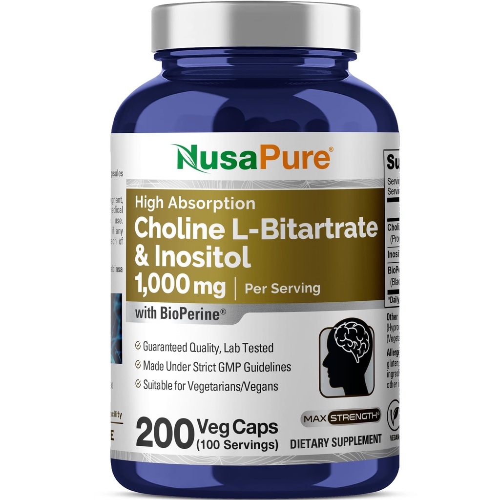 NusaPureコリン&イノシトール1000mg - 200ベジーキャップ(100%ベジタリアン、非GMO)バイオペリン