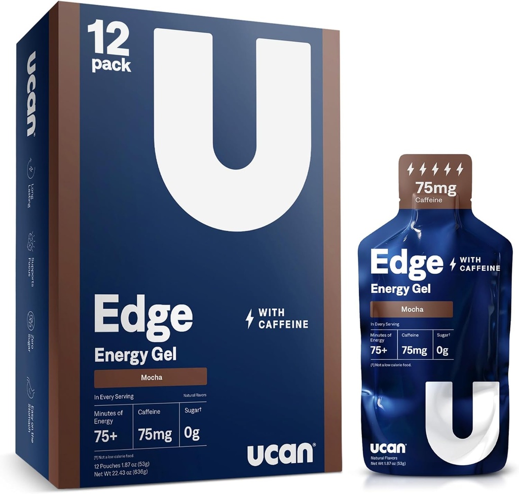 UCANエッジエナジーゲルショット, モカ + カフェイン (12, 2 オンスパケット) ランニング, トレーニング, トレーニング, フィットネス, サイクリング, クロスフィット | 砂糖フリー, ビーガン, & ケトフレンドリーなエネルギー
