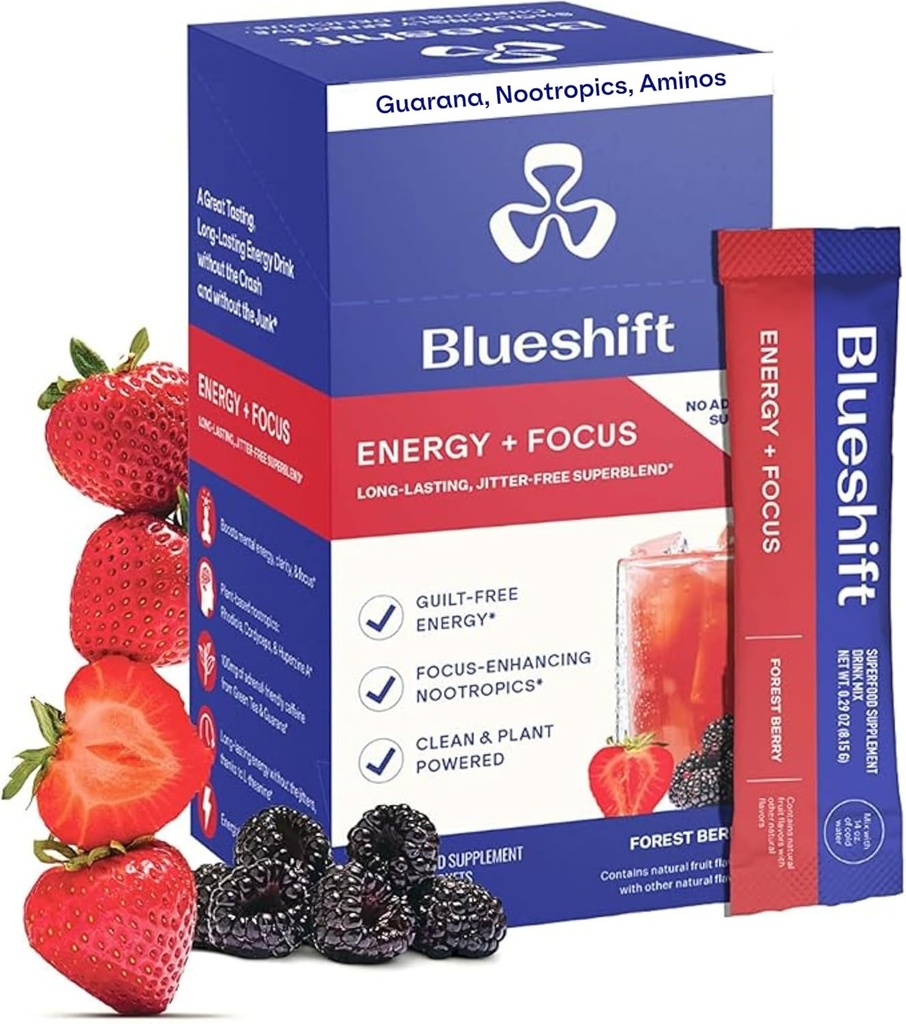 Blueshiftエネルギー+焦点-より少ない甘い極度のきれいな植物ベースのエネルギー飲み物大人のための、グアラナ、緑茶、Rhodiola、カフェイン、Clarity及び焦点のためのBのビタミン、砂糖無し-粉の棒(10のパック)無し