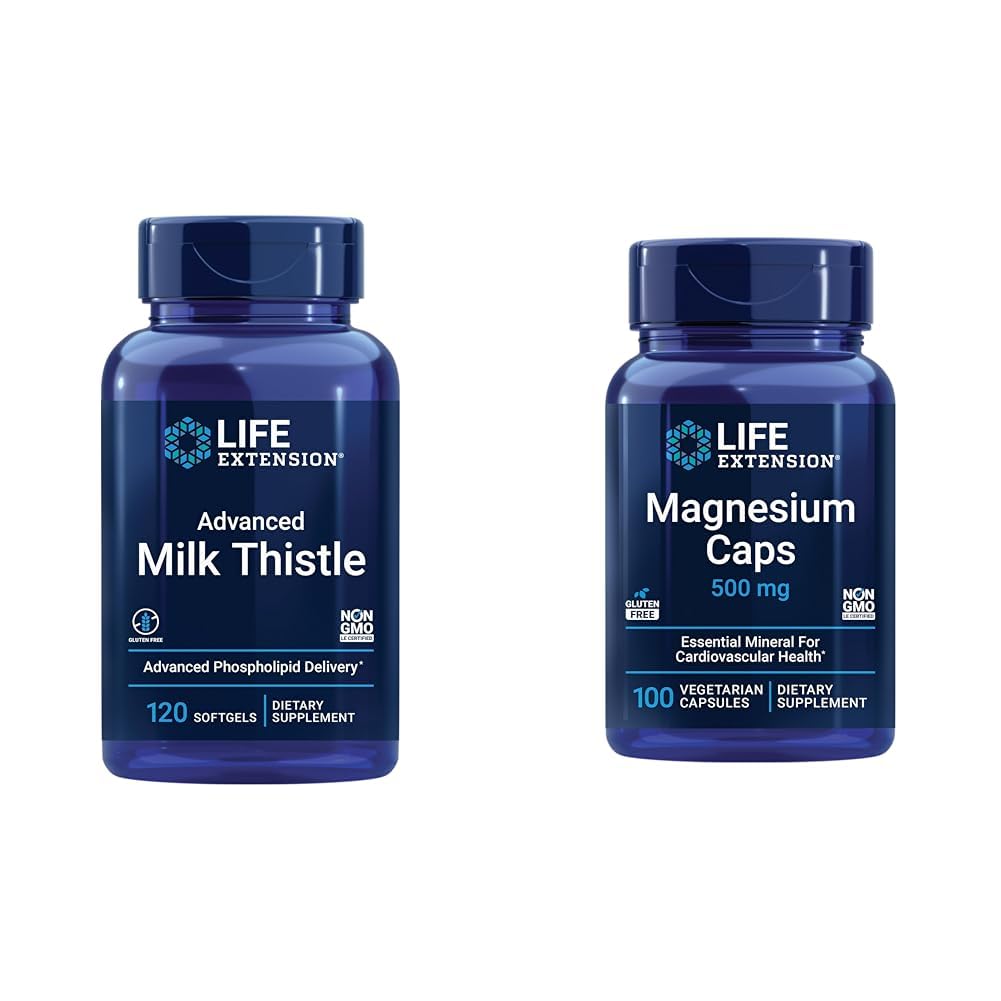 ライフエクステンション アドバンストミルク アコール 120 ソフトゲルとマグネシウム 500 mg カプセル 肝臓の健康、デトックス サポート、心の健康、健康な骨