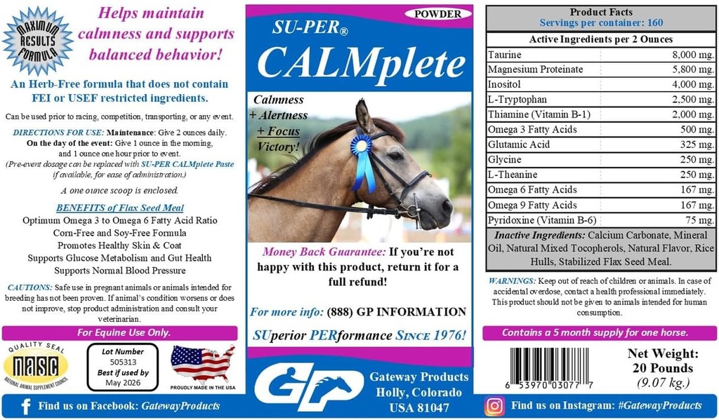 SU-PER CALMplete Calming Horse Supplement - Maintain Calmness & Balanced Behavior - Thiamine, Tryptophan & Magnesium - 20 Pounds, 5 Month Supply (150 Days)