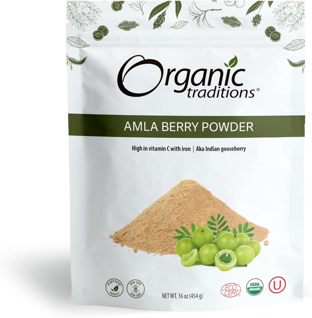 Organic Traditions Organic Amla Berry Powder, Powdered Amla Indian Gooseberry, Non-GMO Organic Powdered Fruit Superfood, 1lb Bag 16oz (454g)