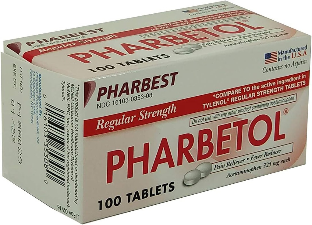 Pharbetolのアセトアミノフェン325mgの規則的な強さ、苦痛Relieverのレバーのレバーのタブレット、100の計算(パッケージ1)