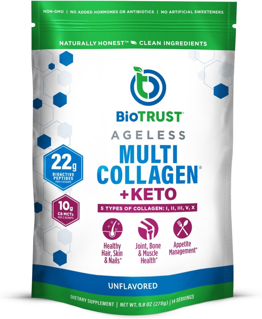BioTrust多コラーゲンの蛋白質の粉+ Keto MCTオイル– 5つのタイプ(I、II、III、V、X)及び100%のカプリル酸C8 -サポート高度にされたケトン、Metabolism、接合箇所及び美 1つのコラーゲンの粉(Unflavored)のすべて