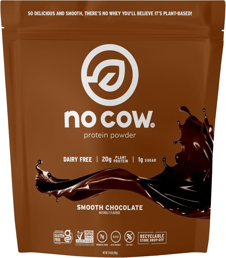 No Cow Vegan Protein Powder, Chocolate, 20g Plant Based Protein, Recyclable Bag, Dairy Free, Soy Free, No Sugar Added, Keto Friendly, Gluten Free, Naturally Sweetened, Non GMO, Kosher, 1.74 Pound