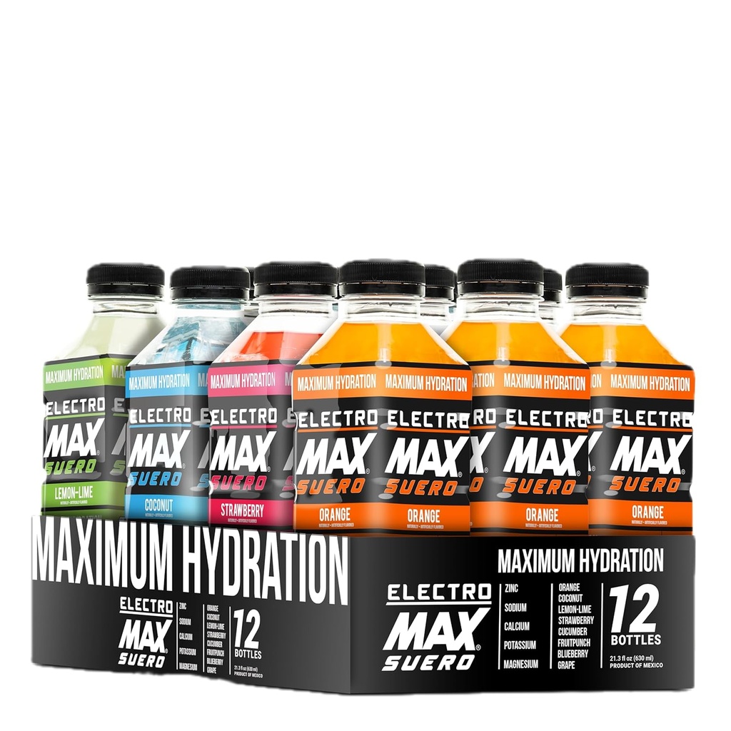 ELECTROMAX SUERO - Zero Sugar Electrolyte Drink – 12-Pack Mix (21.3 Fl Oz Each), Hydration for Sports, Recovery, and Daily Use – Magnesium, Potassium, Zinc, Calcium – Zero Calories. (Mix Pack)