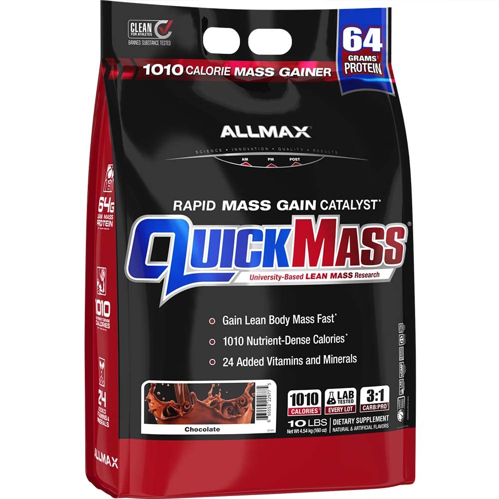 ALLMAX QUICKMASS, チョコレート - 10 ポンド - 急速な質量増加触媒 - 最大 64 グラムのタンパク質の分量 - 3:1 炭水化物からタンパク質比 - ゼロトランス脂肪 - まで 70 便益