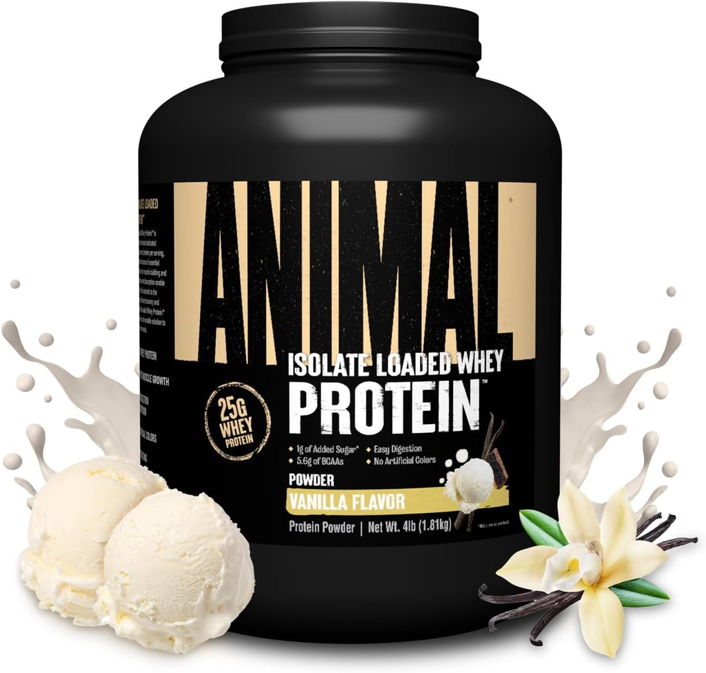 Animal Whey Isolate Protein Powder - Loaded for Pre & Post Workout Muscle Builder and Recovery with Digestive Enzymes for Men & Women - 25g Protein, Great Taste, Low Sugar - Vanilla 4 lbs