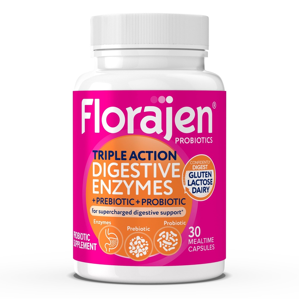 プロバイオティクスとプレバイオティクスを備えたFlorajen消化酵素 - Gut Health、Bloating、およびガス救済のためのトリプルアクションフォーミュラ - グルテンと酪農の消化をサポート - クリーン、非GMO - 30カウント