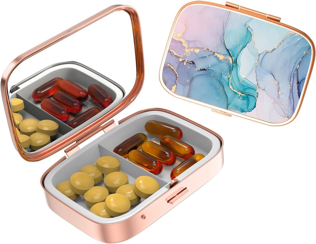 Cute Small Pill case for Pockets & Purses,Elegant Pill Box Makes a Great Gift,2 Compartment Travel Medicine Organizer Stores Progesterone,Capsule Pills, Ibuprofen, Vitamins-Rose Gold Color Rendering