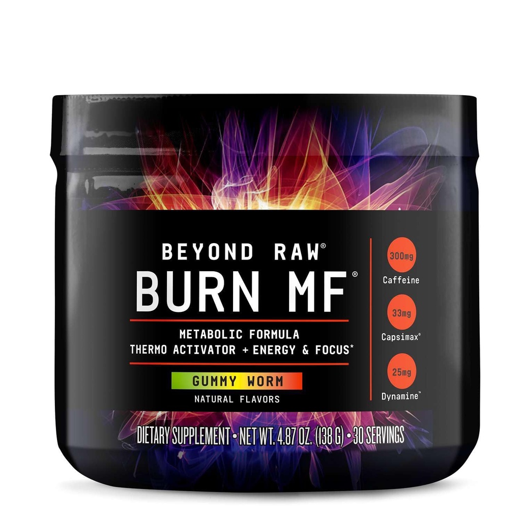 BEYOND RAW Burn MF, メタボリックフォーミュラ, サーモアクティベータ, エネルギーとフォーカスをサポート, ギーミーワーム, 30 サービング