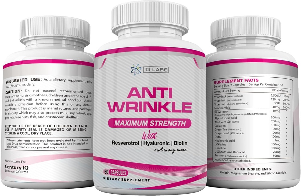 皮の美の解決(4)の反しわの最高は240カプセルw/Resveratrol、アルファLipoicの酸、コラーゲン、DMAEのHyaluronic +Pillsを補います