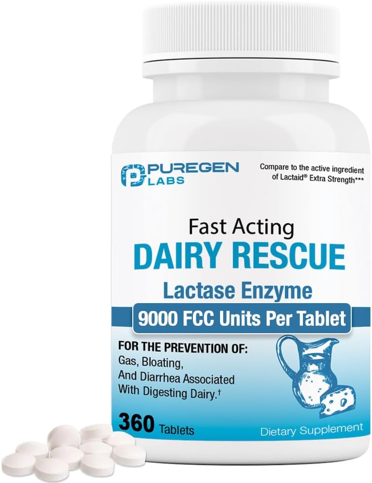 Puregen Labs Dairy Relief Fast Acting Lactase Enzyme 9000 FCC, Lactose Intolerance Pills 360 Tablets