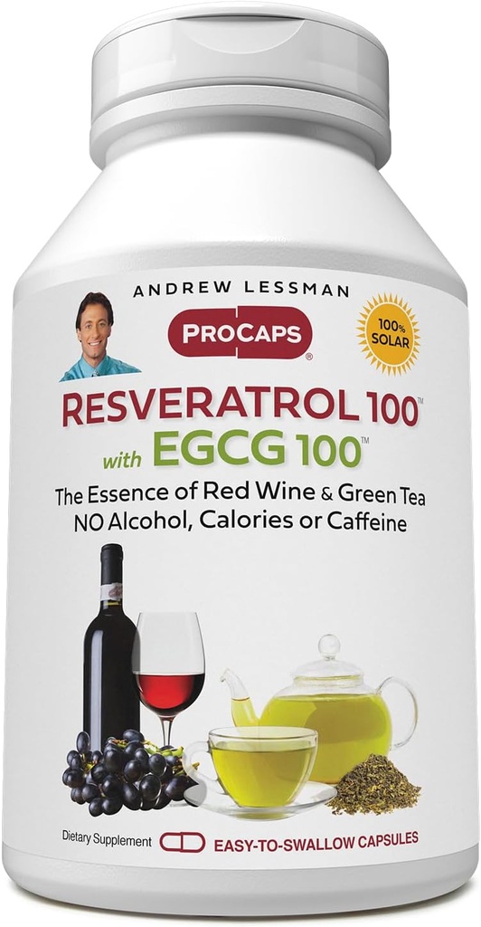 ANDREW LESSMAN Resveratrol-100 EGCG 100mg - 360 カプセル - アルコールやカフェインなしで、自然に酸化防止剤を占有する 2 つ。