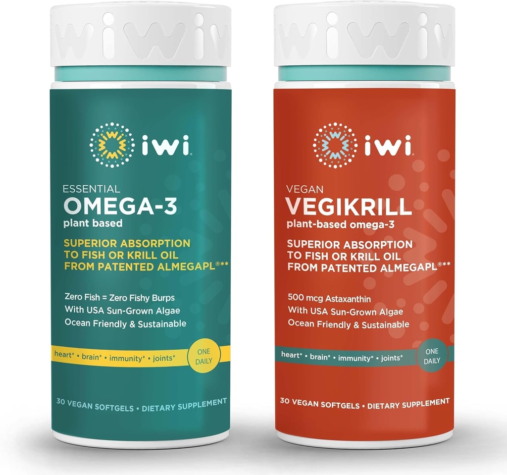 Iwi Omega-3 エッセンシャル & Vegikrill Omega-3 バンドル, 30 サービング, ビーガン植物ベースの Algae Omega 3, キル & 魚油代替, 魚介の Aftertaste なし