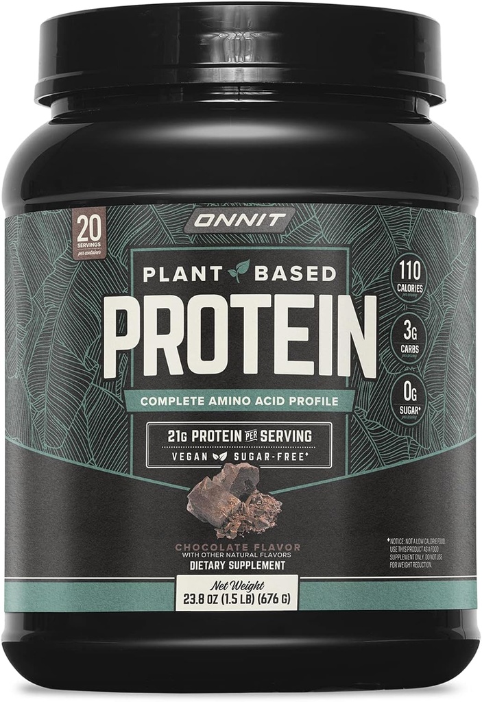 ONNIT Plant-Based Protein Powder, Chocolate Flavor, 21g Protein per Serving, Vegan and Dairy Free Dietary Supplement with 20 Servings per Tub, 23.8 oz