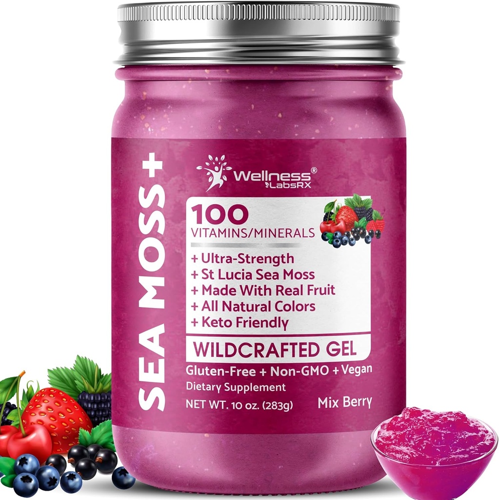 WELLNESS LABSRX Irish Sea Moss Gel Raw - Wildcrafted Superfood Seamoss Gel - Mix Berry Flavor, Vitamin and Mineral-Rich from Pristine Caribbean Waters, Immune and Digestive Health Support - 10 oz.