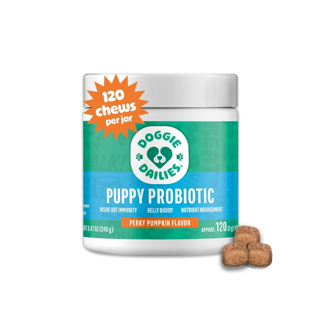 Doggie Dailies 子犬用プロバイオティクス、消化酵素と子犬用のプロバイオティクス、消化器の健康を促進し、免疫システムと全体的な開発をサポート(パンプキン) 120 柔らかい咀嚼