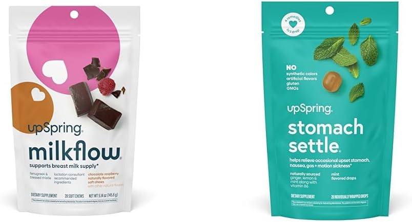 UpSpring Milkflow SoftChews, Breastfeeding Supplement with Fenugreek & Blessed Thistle + UpSpring Stomach Settle Drops for Occasional Nausea Edward/Upset Stomach with Ginger, Lemon, Spearmint, B6.