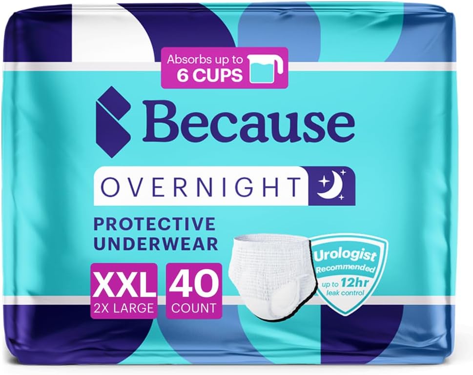 Because Overnight Absorbency Pull Ups - Adult Disposable Incontinence Underwear, Extra Absorbent Nighttime Briefs for Men and Women, White, XXLarge, 40 Count (4 Packs of 10)