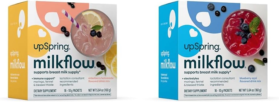 UpSpring Milkflow Breastfeeding Supplement Drink Mixs | Fenugreek-Free | モリンガ | エルダーベリー・レモネード&ブルーベリー アサイ・フレーバー | 乳酸サプリメント*