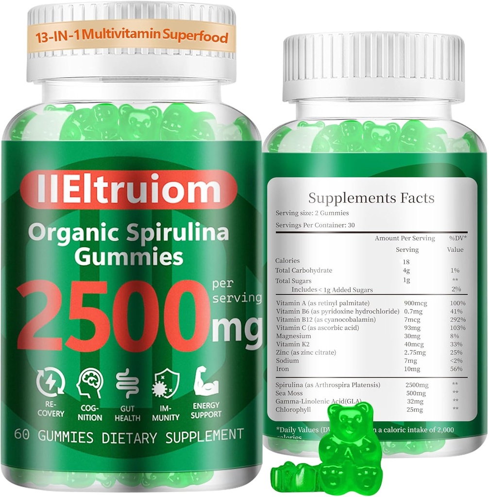 Organic Blue Spirulina Chlorella Gummies, 13-in-1 Super Greens & Superfoods, Spirulina 2500mg Enhanced Daily Energy with Sea Moss, Chlorophyll, GLA, Gluten Free, 60 Vegan Gummies