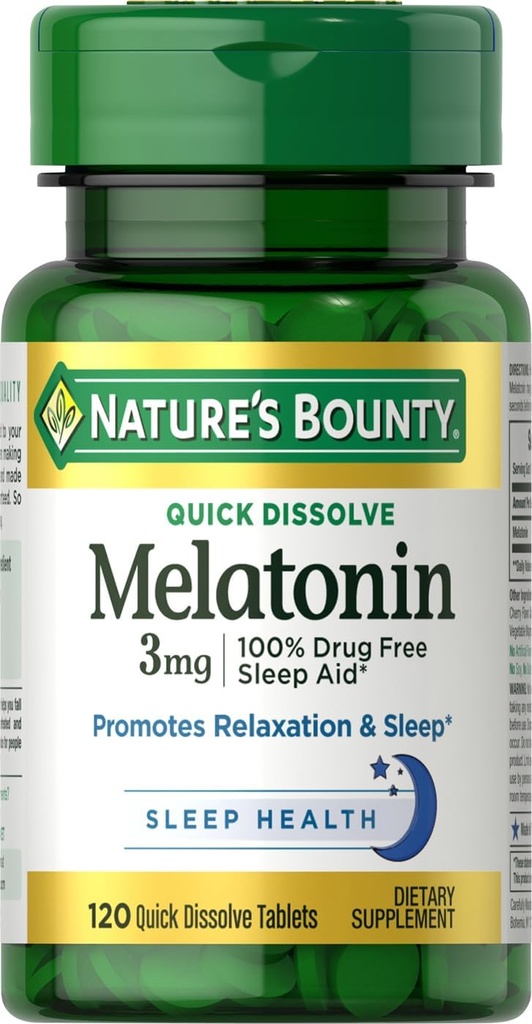Nature's Bounty Melatoninは、リラックス&スリープを促進し、100%薬物無料睡眠補助金、3mg、120クイック解体錠
