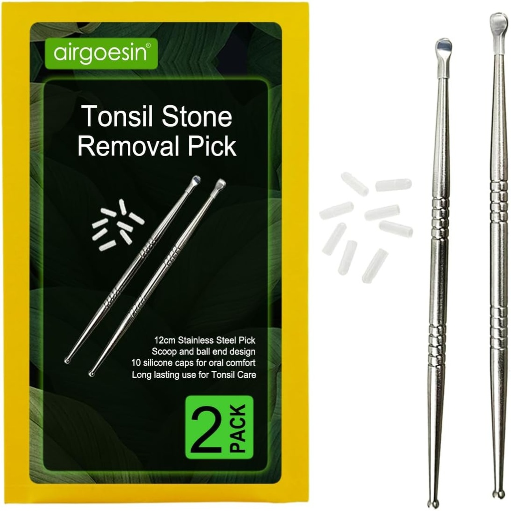 Airgoesin 2pcsのTonsilの石の取り外しは10の柔らかいシリコーンの帽子が付いているTonsillolithの優れた用具のステンレス鋼の口頭洗剤を取ります