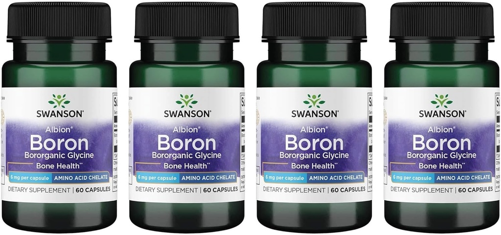 Swanson Boron from Albion - Boroganic Glycine Supplement Supporting Joint Health & Bone Health - High Absorption Formula May Support Overall Balance - (60 Capsules, 6mg Each) (4 Pack)