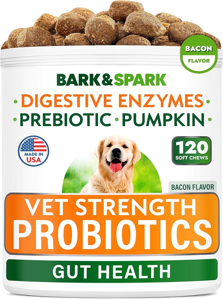 BARK&SPARK Vetの強さの犬のプロバイオティクスの咀嚼 - ガス、Diarrhea、アレルギー、便秘、消化酵素+カボチャ+プレバイオティクスのUpsetの胃の救助、-Chewable繊維の補足- 100ct - Bacon
