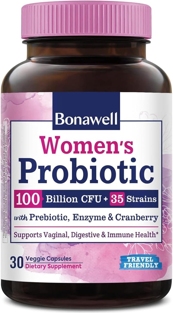 Bonawell Probiotics for Women 100B, with Prebiotics, Digestive Enzymes & Organic Cranberry for Female Vaginal Health, Digestion & Immunity, Shelf-Stable, Delayed-Release, 30 Veggie Caps