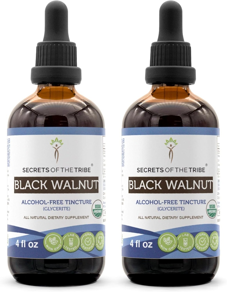 Secrets of the Tribe Black Walnut USDA Organic | Alcohol-Free Extract, High-Potency Herbal Drops | Made from 100% Certified Organic Black Walnut (Juglans Nigra) Dried Hull 2x4 oz