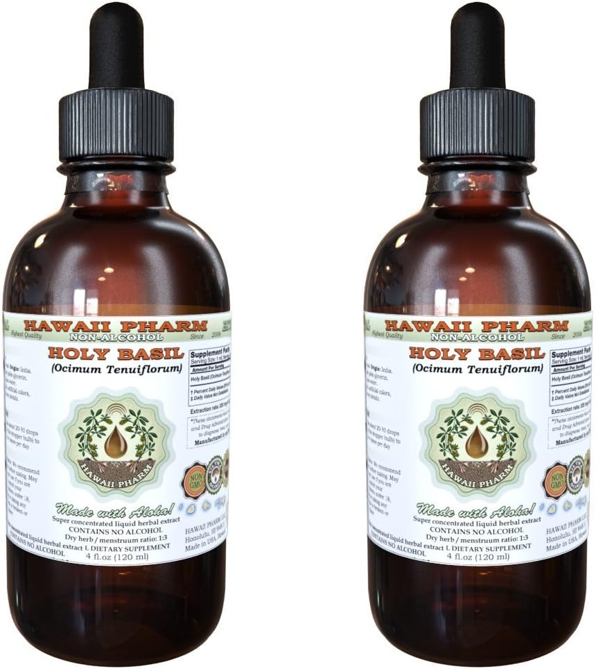 Holy Basil Alcohol-Free Liquid Extract, Organic Holy Basil (Ocimum tenuiflorum) Dried Leaf Glycerite Hawaii Pharm Natural Herbal Supplement 2x2 oz
