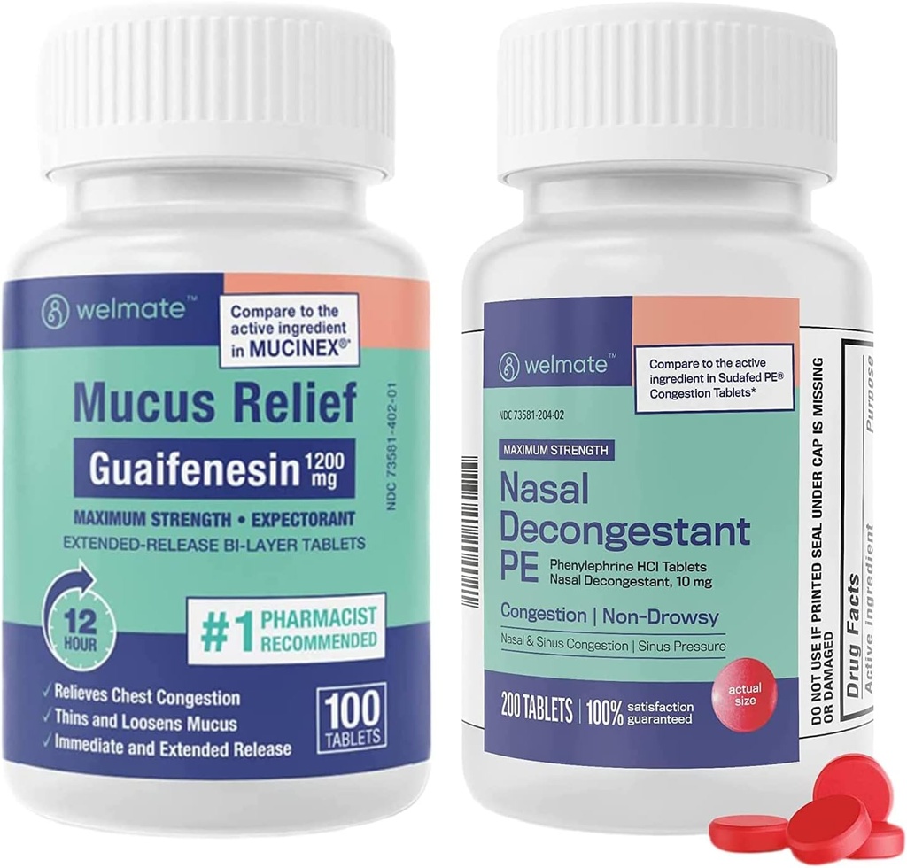 WELMATEの呼吸の救助の束:最高の強さのGuaifenesin 1200 Mg Mucusの救助(100のBi層のタブレット)+ Phenylephrine HCl 10のmgの鼻のDecongestant PE (200のタブレット)のSinus、風邪及びアレルギーサポート