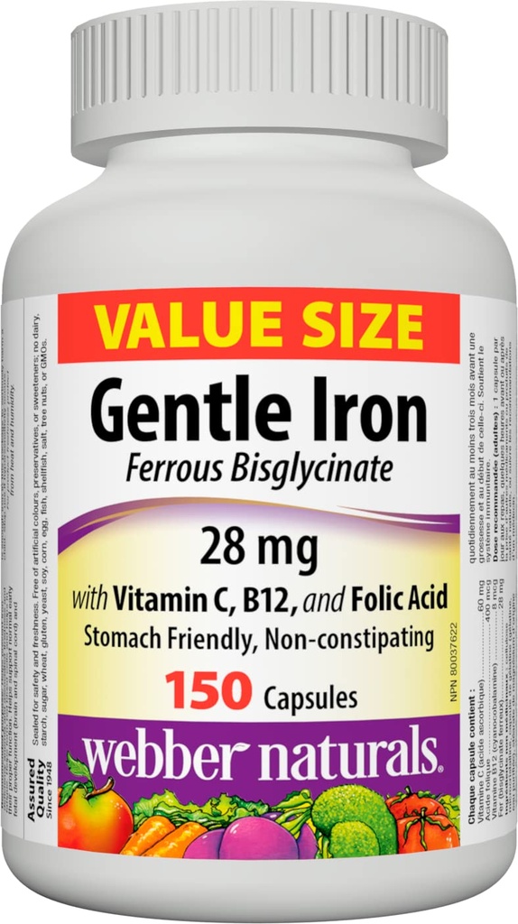 ビタミンC、B12および葉酸、28 mg、150カプセル、胃フレンドリー、非便秘、鉄欠乏性貧血を防ぐのに役立ちます