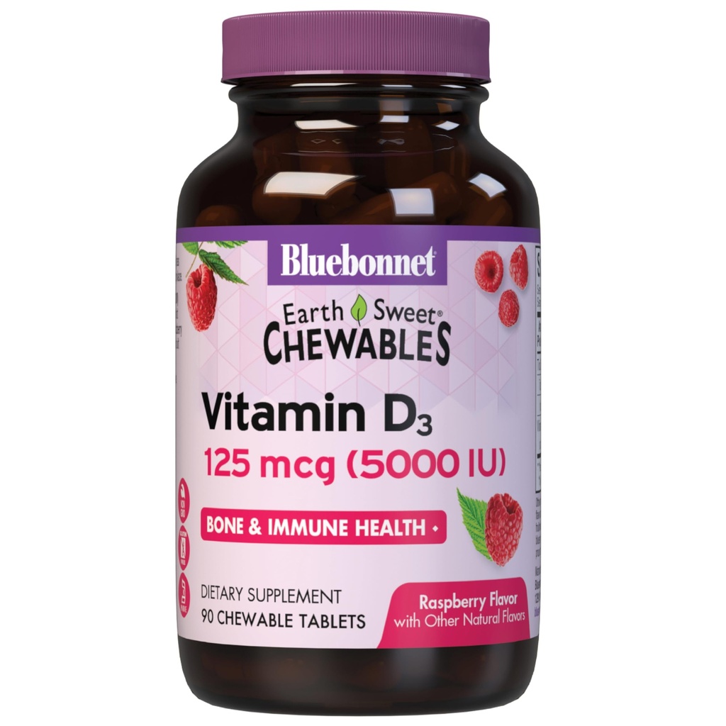 Bluebonnet栄養の地球の甘いビタミンD3 5000 IUのChewableタブレット、筋肉及び骨格の成長の援助、非GMO、グルテンフリー及び大豆及びミルクは、コシャ、ラズベリー、白、90の計算を放します